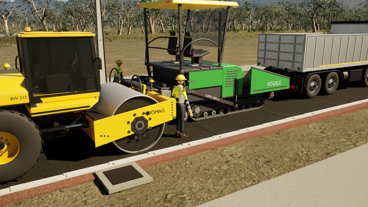 Asphalt paving: Paver, roller and truck working the wearing course.